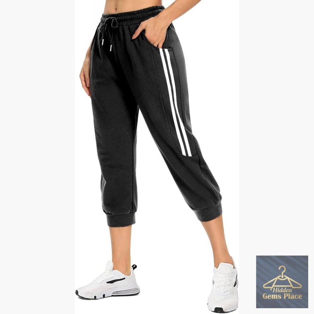 Women's Capri Sweatpants with Pockets, Drawstring, Cotton-Spandex for Yoga